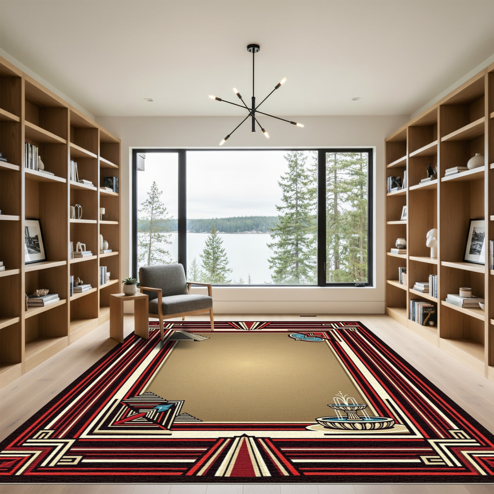 Art Deco Crimson Fountain Linear Border Rug