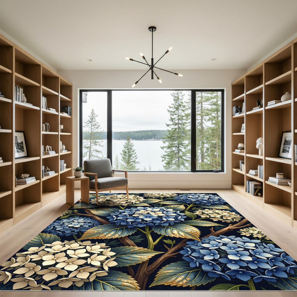 Botanical Hydrangea Floral Navy Cream Rug