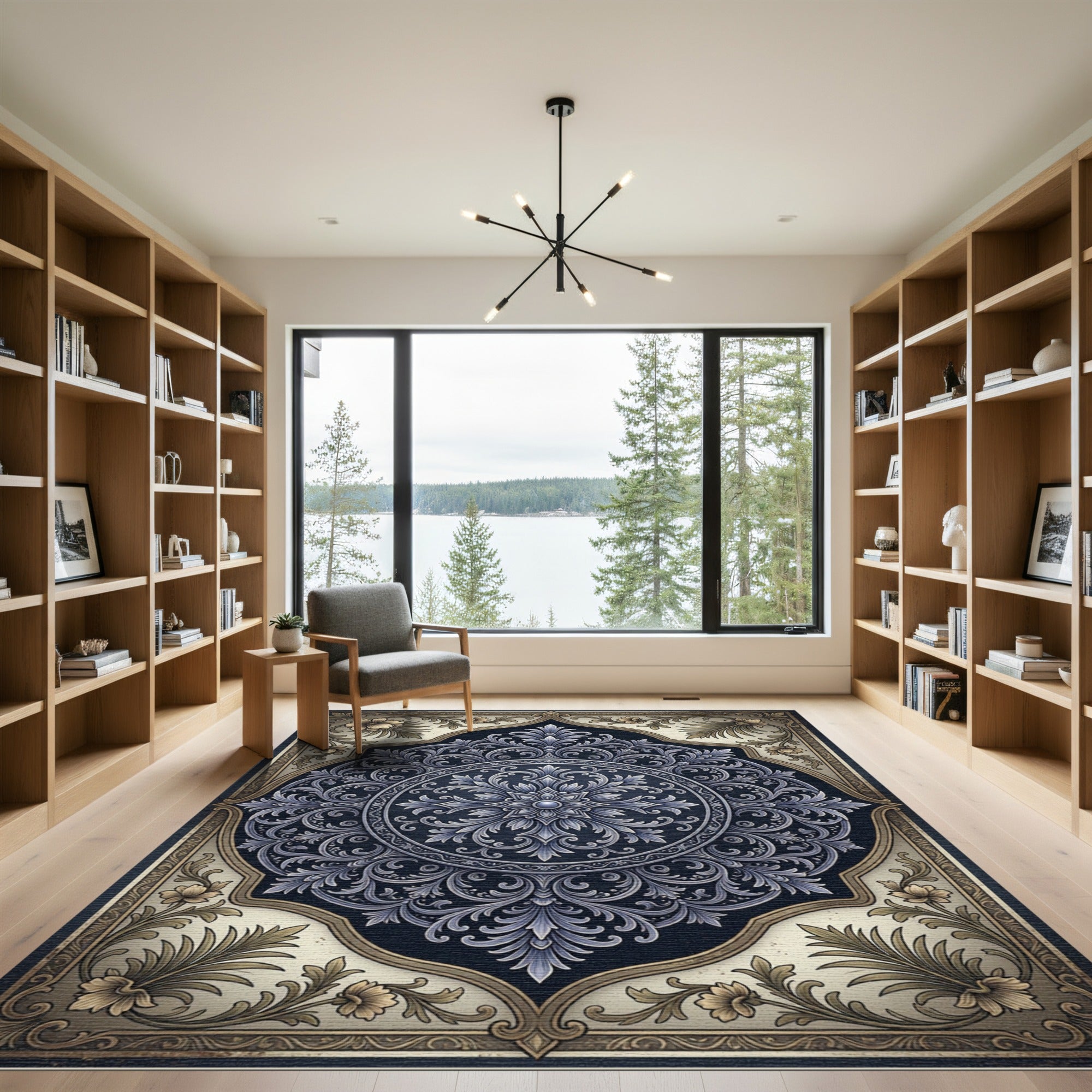Ornate Blue Golden Floral Medallion Rug