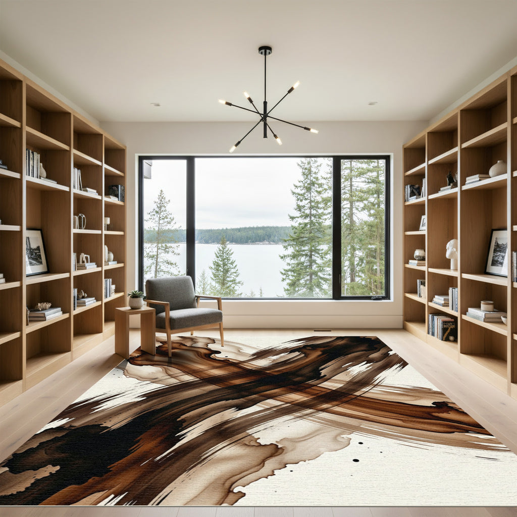 Brown Ink Wash Brush Strokes Rug