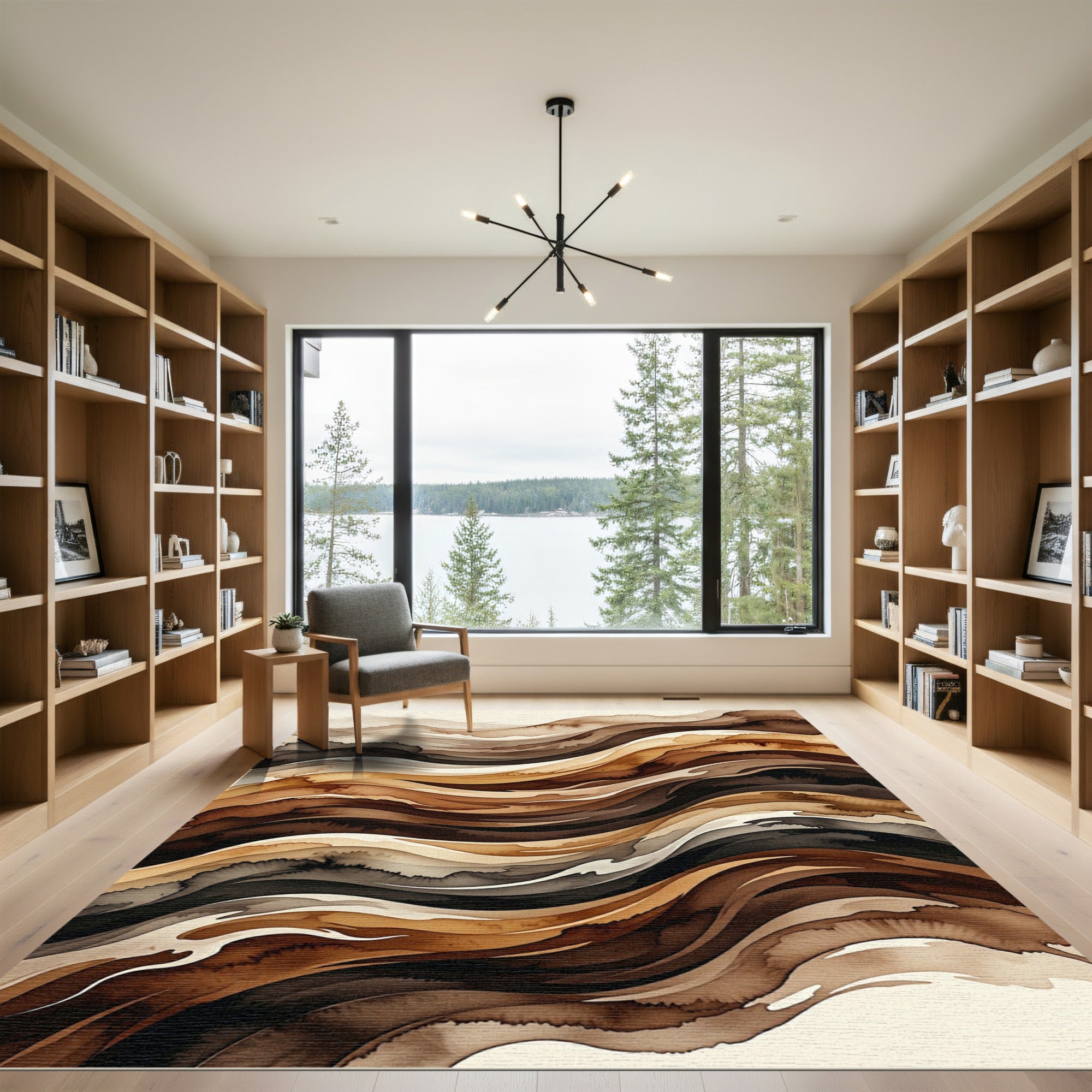 Abstract Earthy Wave Flowing Line Rug