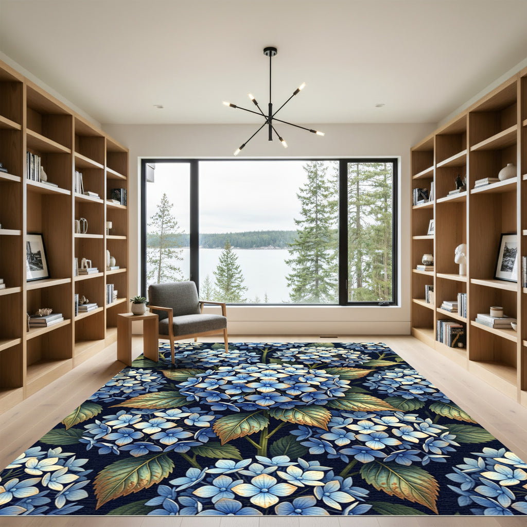 Deep Blue Hydrangea Floral Garden Rug