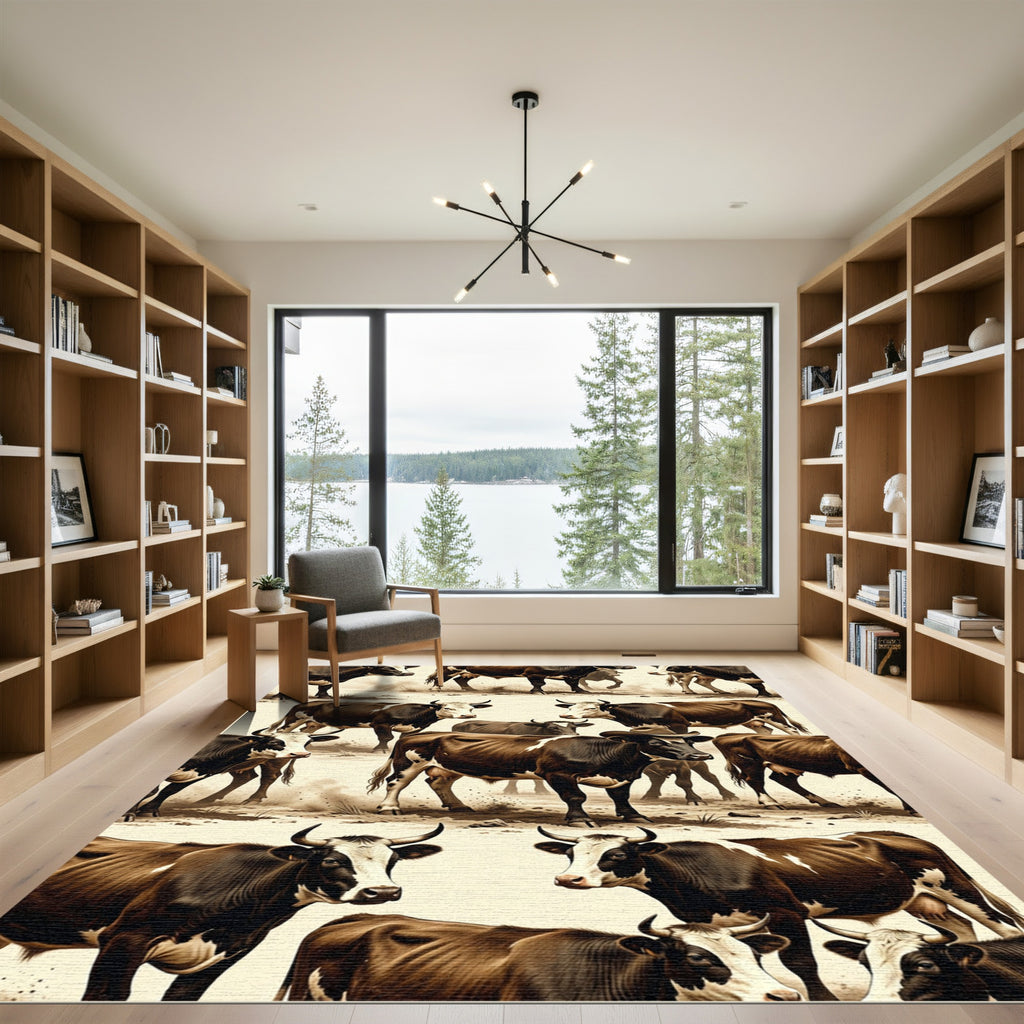 Rustic Brown Highland Cow Farmstead Scene Rug