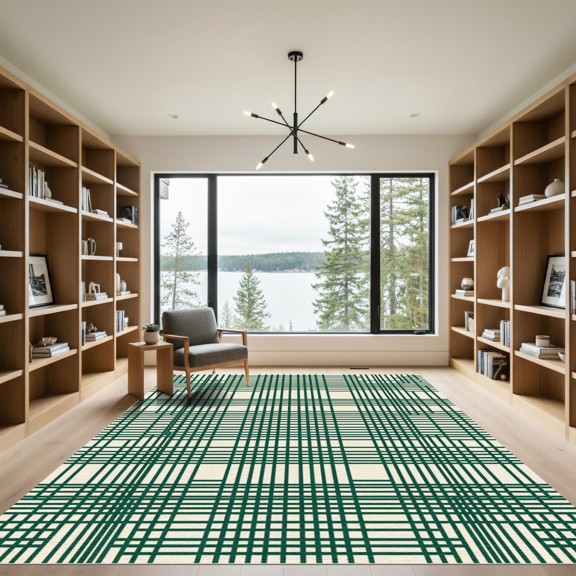 Dark Green White Intersecting Grid Rug