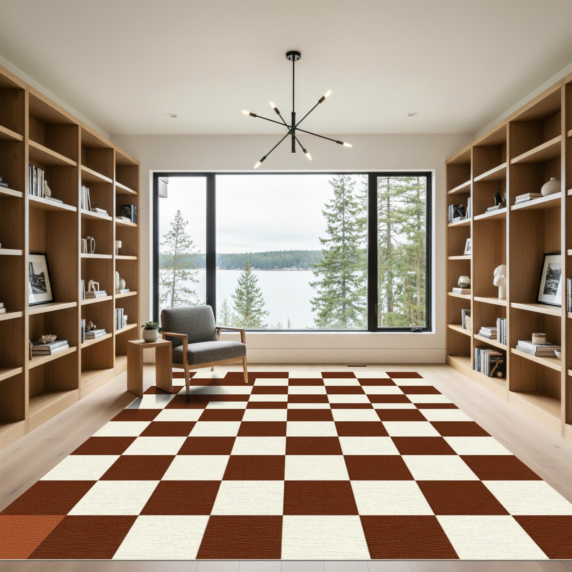 Classic Brown White Checkerboard Squares Rug