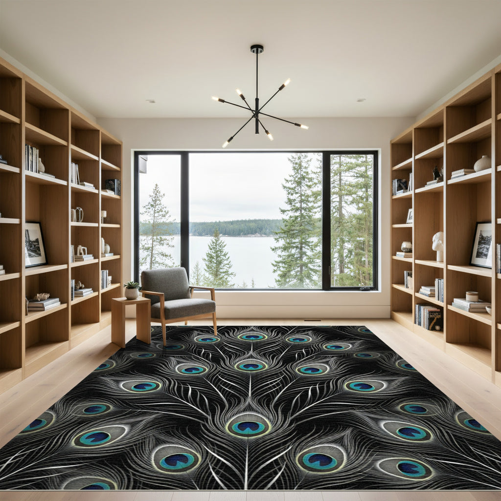 Black Peacock Feather Eye Pattern Rug