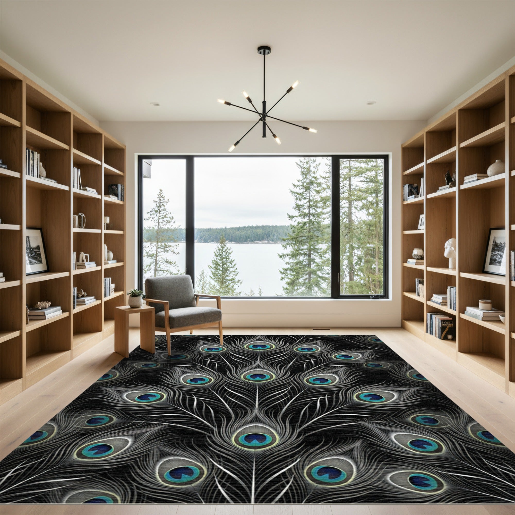 Black Peacock Feather Eye Pattern Rug