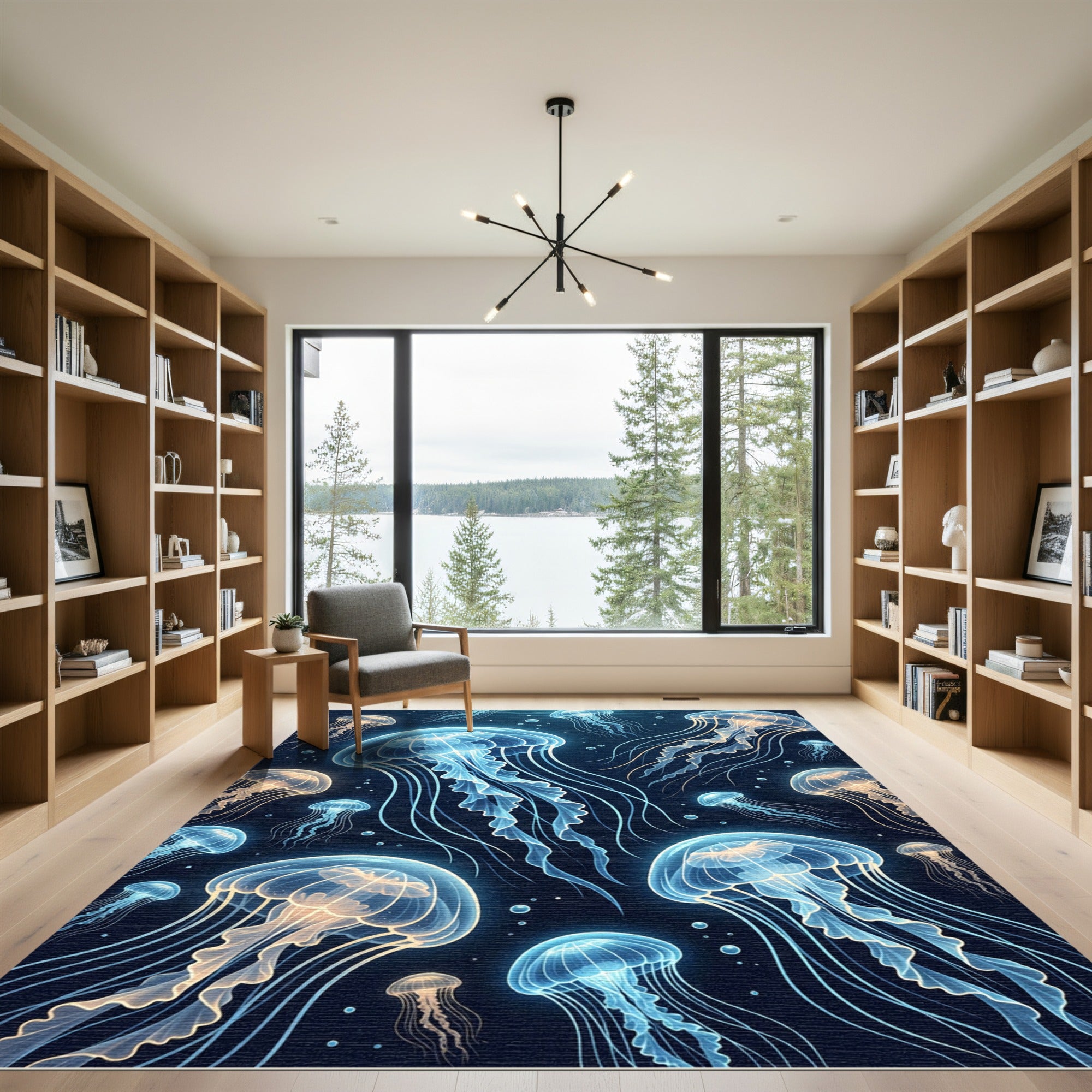 Glowing Blue Jellyfish Deep Sea Art Rug
