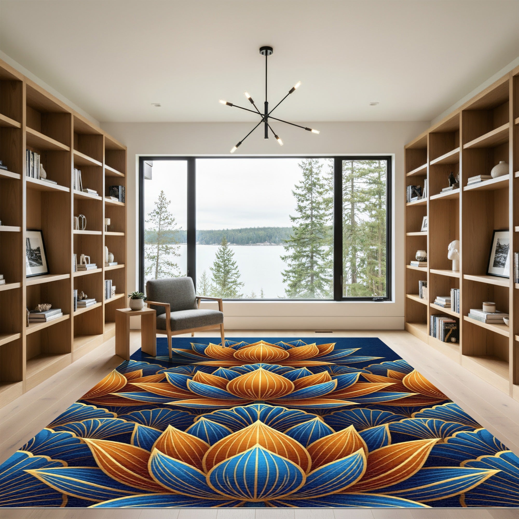 Elegant Navy and Gold Lotus Art Rug