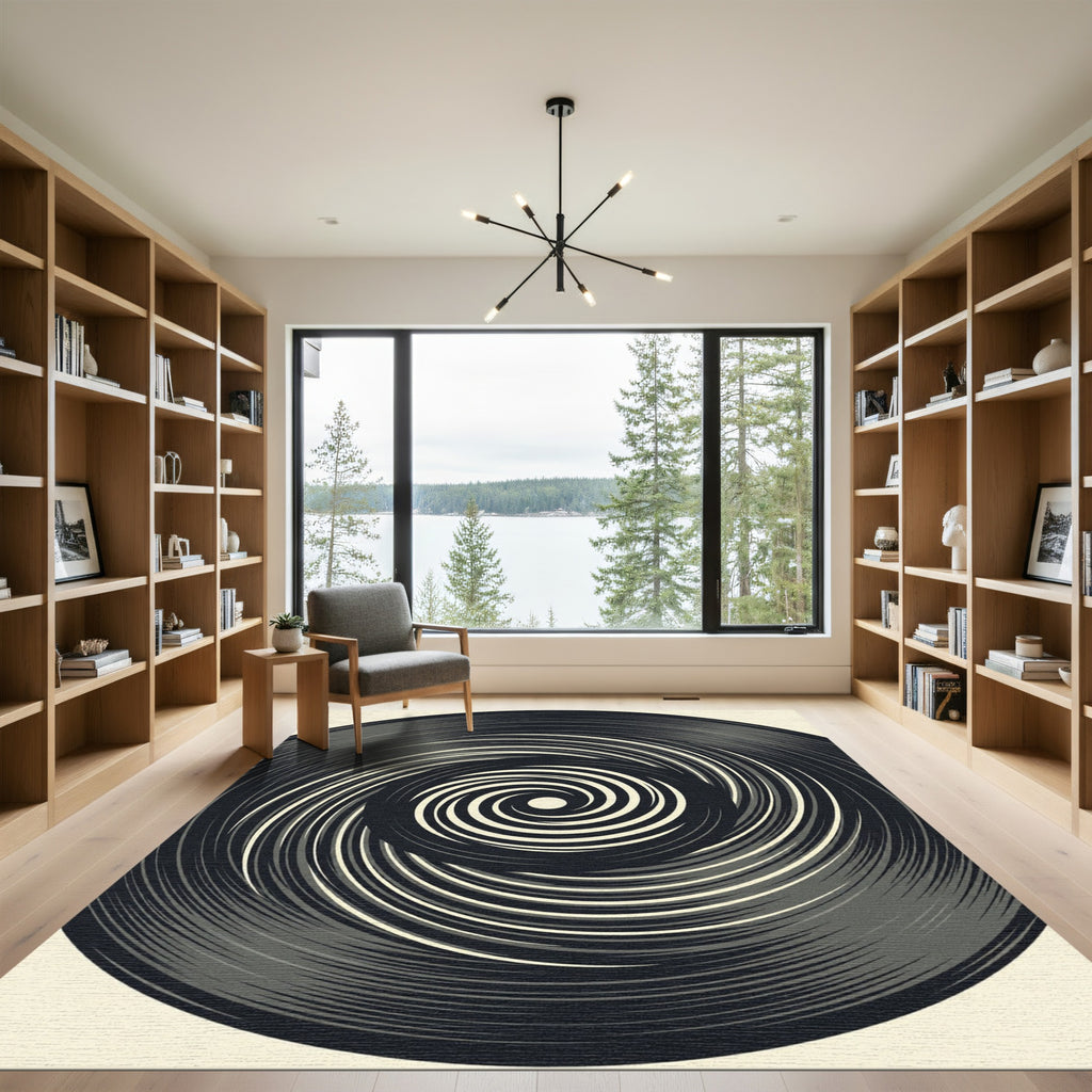 Minimalist Monochrome Swirling Circular Vortex Rug