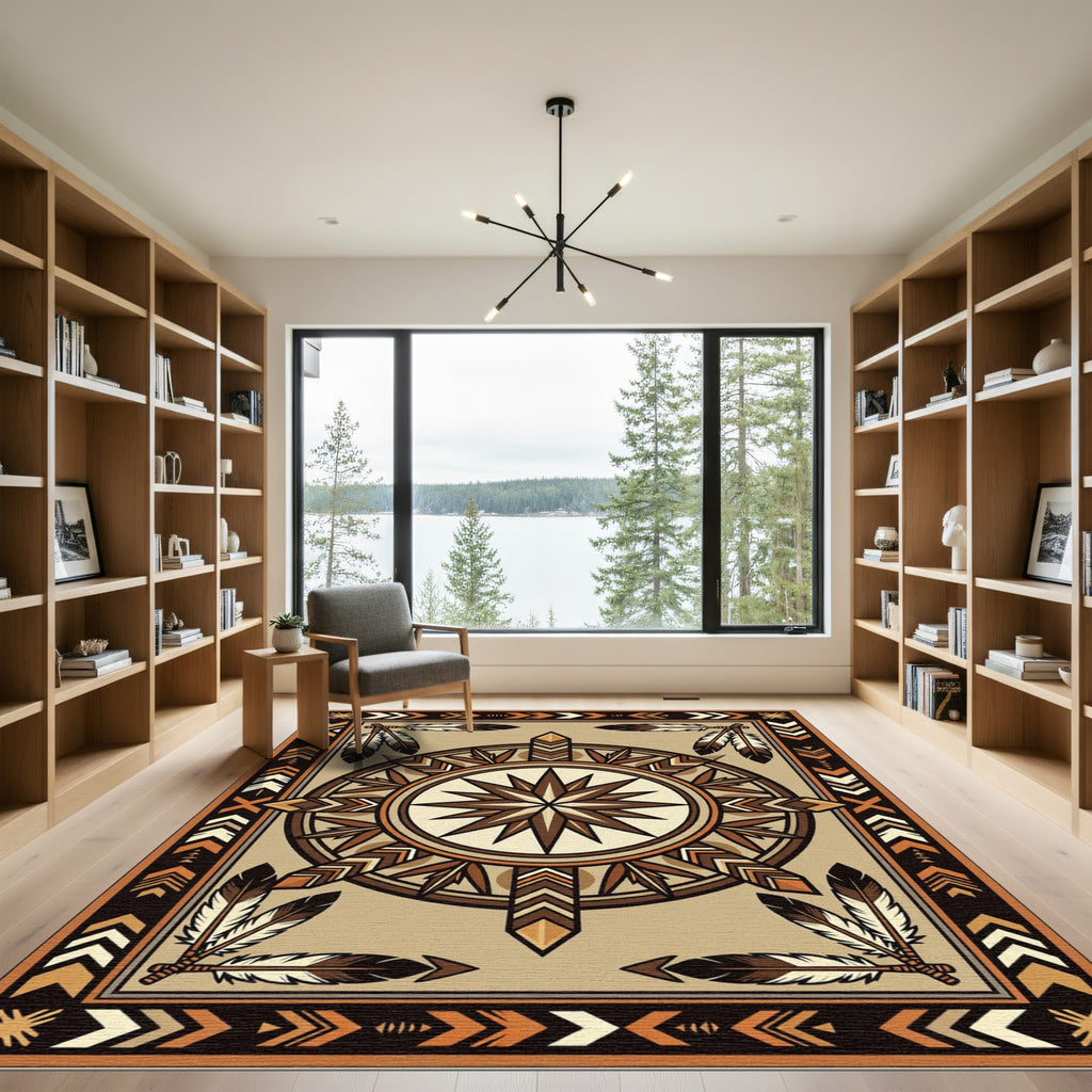 Earthy Feathered Sunburst Geometric Rug