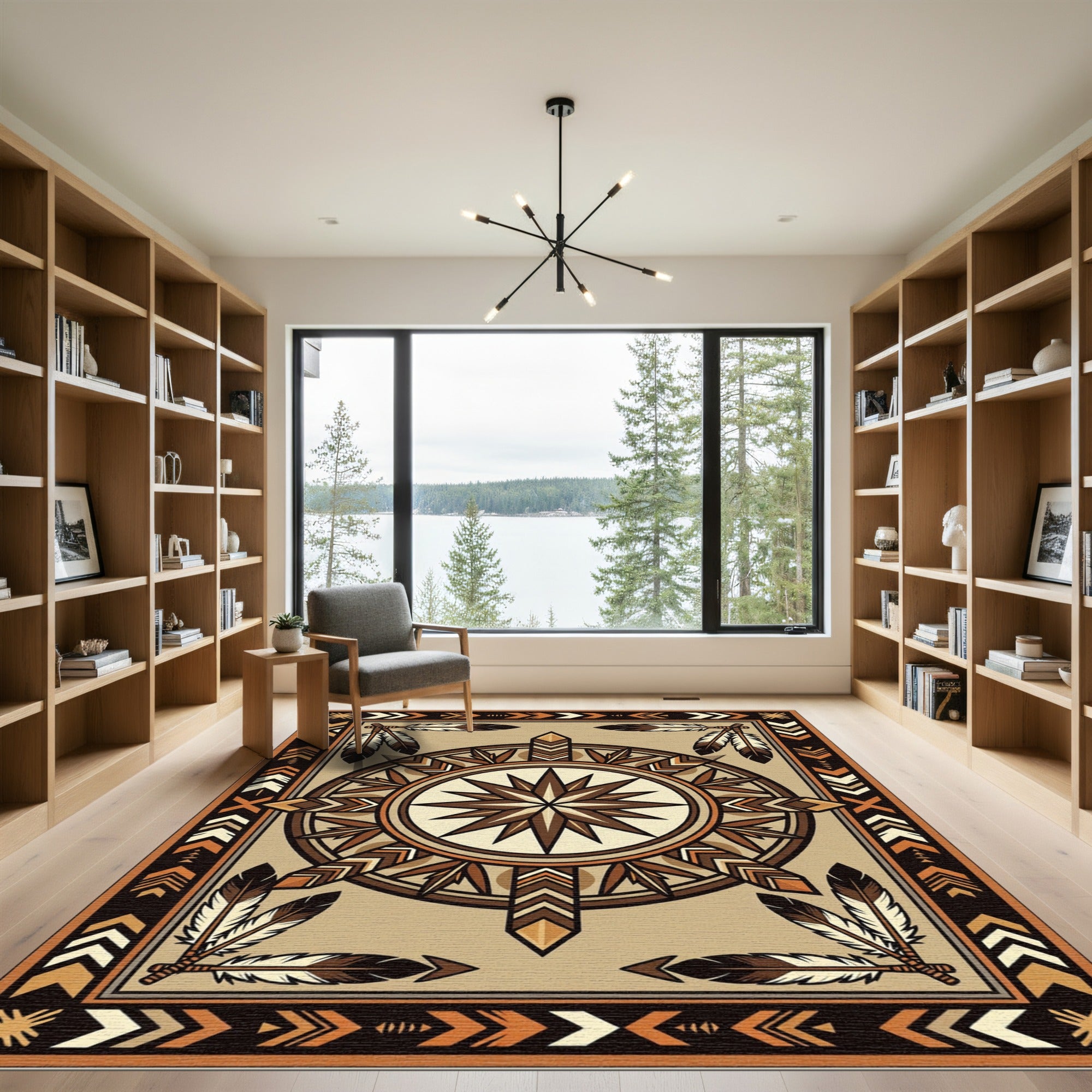 Earthy Feathered Sunburst Geometric Rug