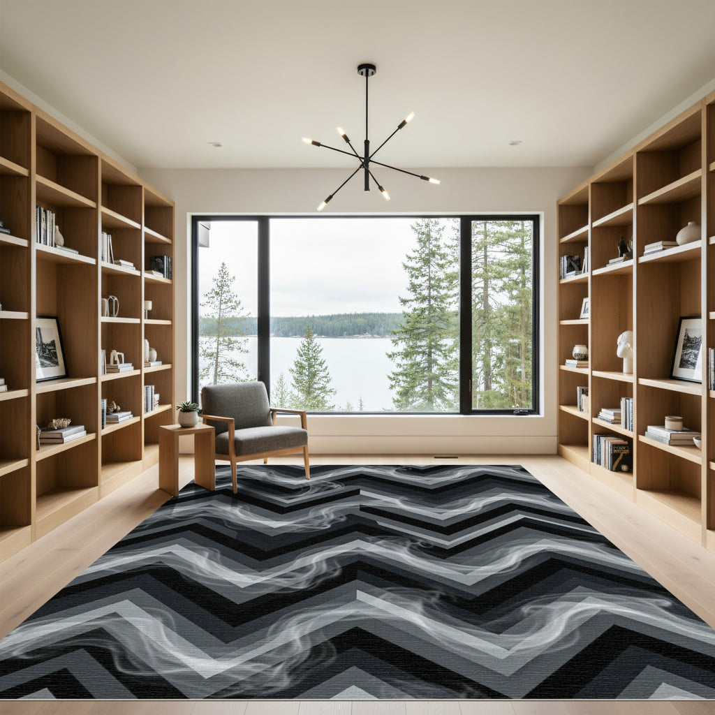 Smoky Gray Geometric Chevron Wave Rug
