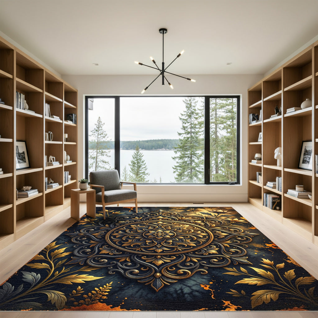 Ornate Gold and Black Floral Mandala Rug