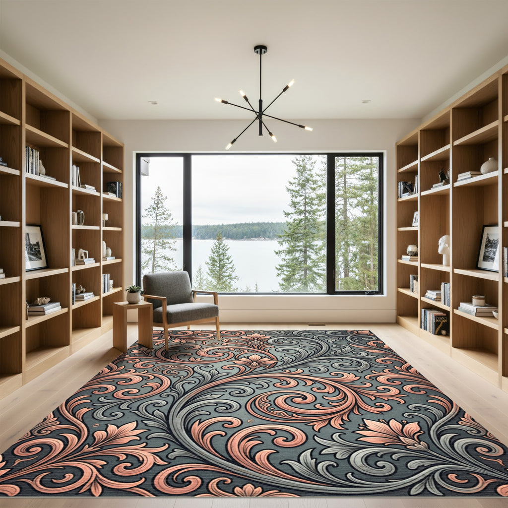 Ornate Coral And Grey Floral Scroll Rug