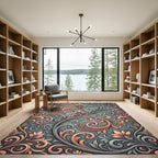 Ornate Coral And Grey Floral Scroll Rug