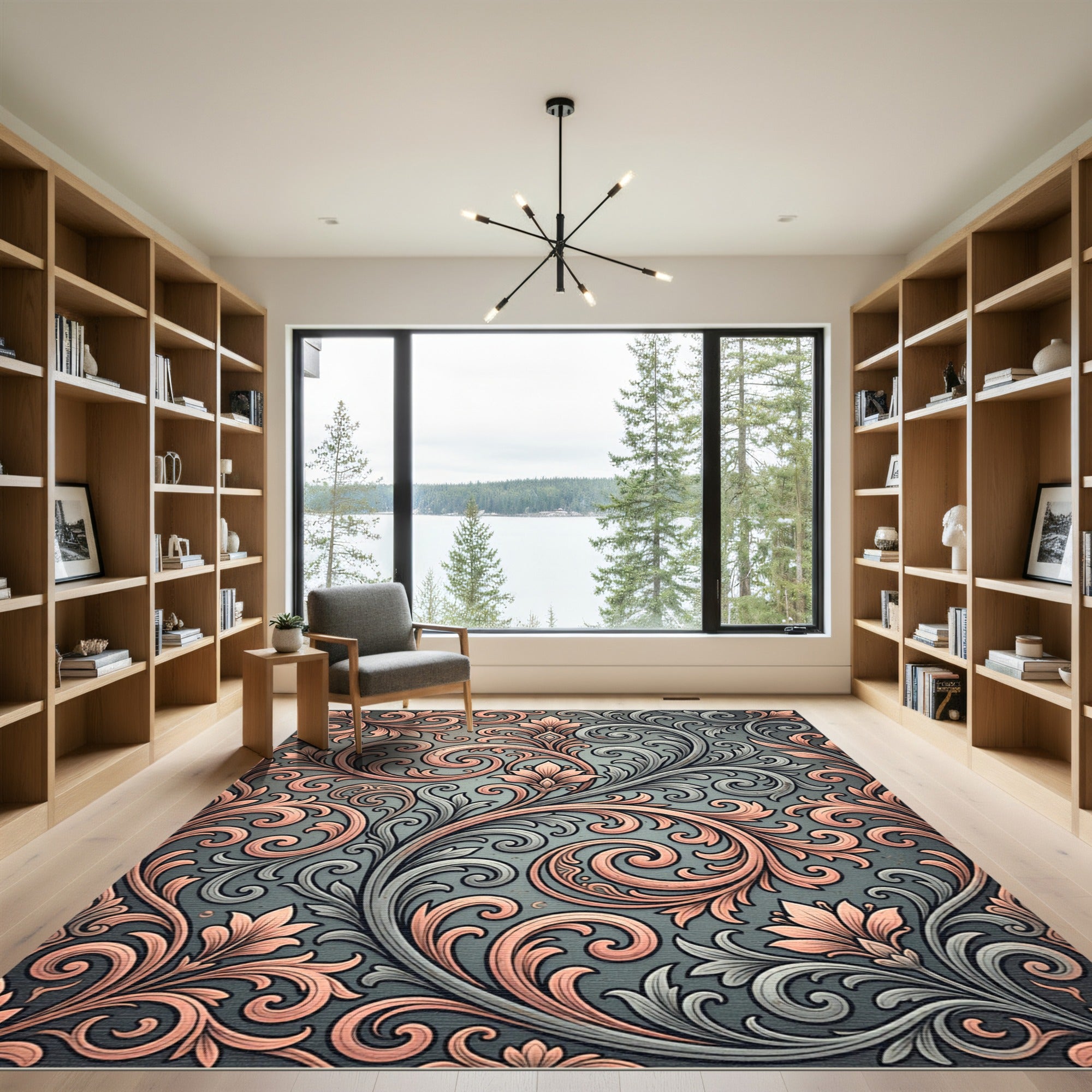 Ornate Coral And Grey Floral Scroll Rug