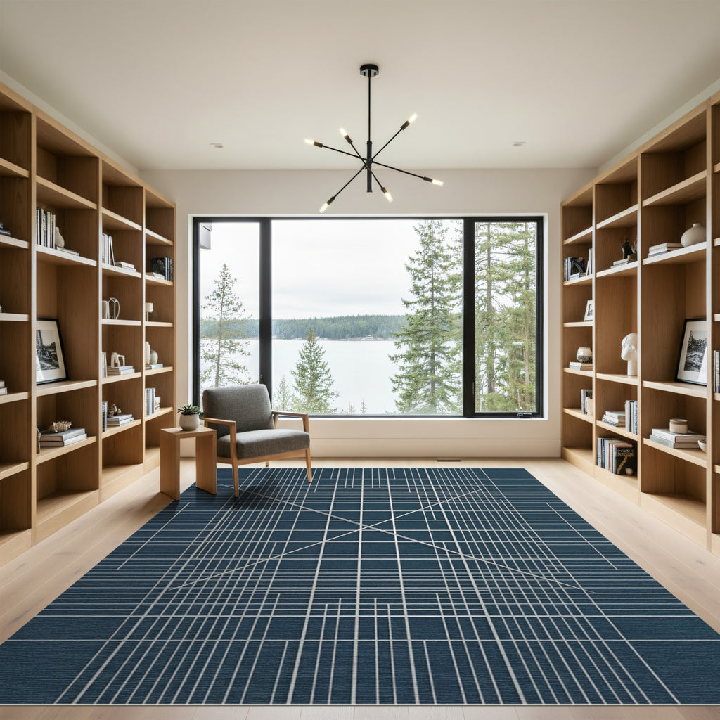 Deep Blue Geometric Grid Intersecting Lines Rug