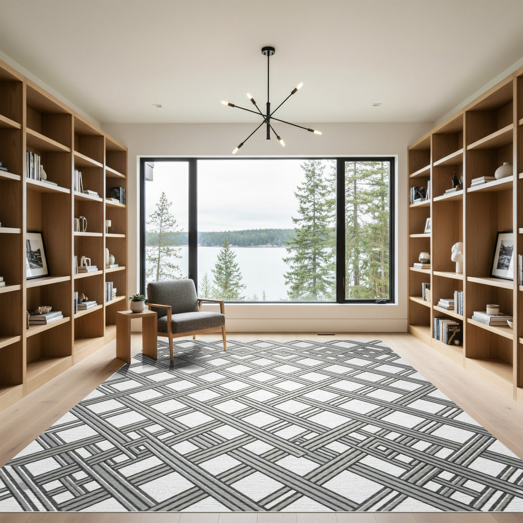 Modern Silver Metallic Interlocking Grid Rug
