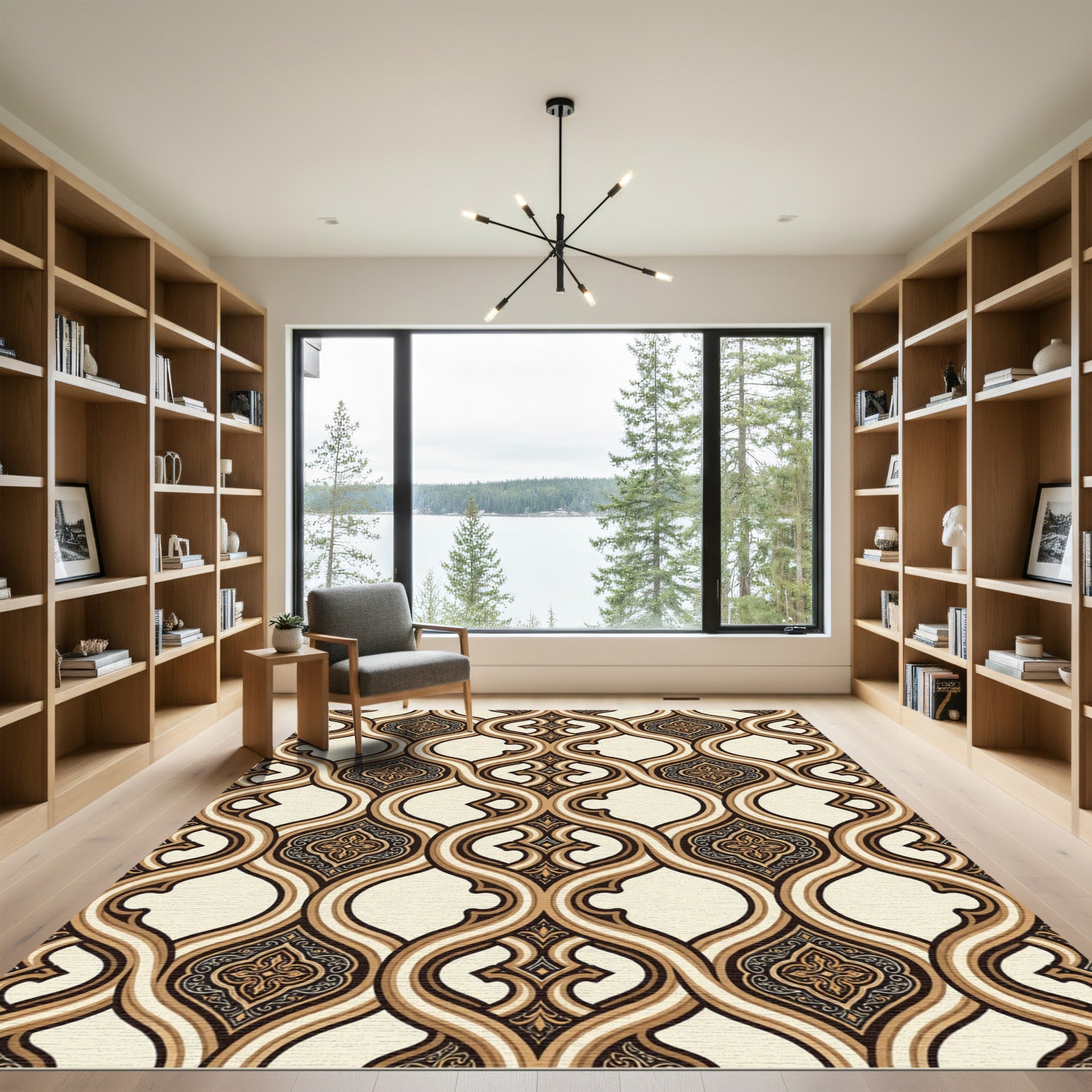 Elegant Cream and Espresso Scalloped Damask Rug