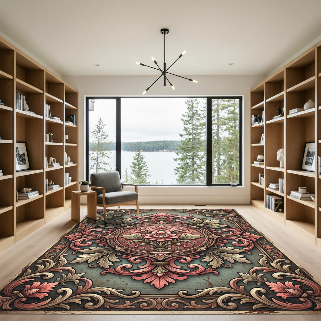 Earthy Pink Floral Filigree Medallion Rug
