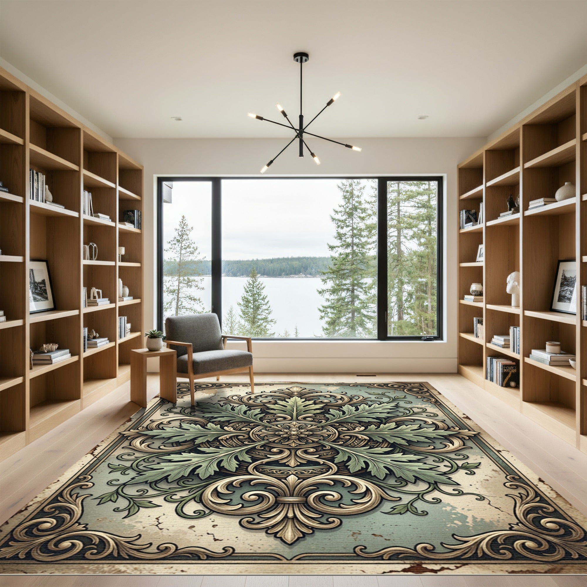 Elegant Sage Green Acanthus Medallion Rug