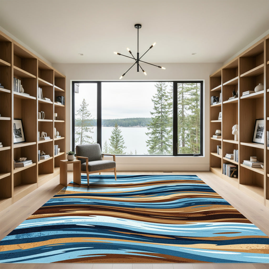 Earthy Blue Abstract Organic Waves Rug