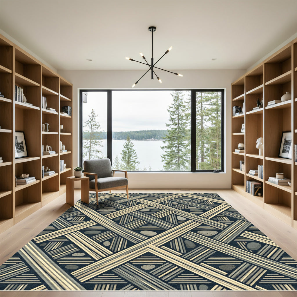 Geometric Stone and Lattice Charcoal Rug
