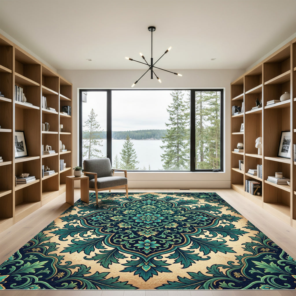 Earthy Teal Floral Damask Medallion Rug