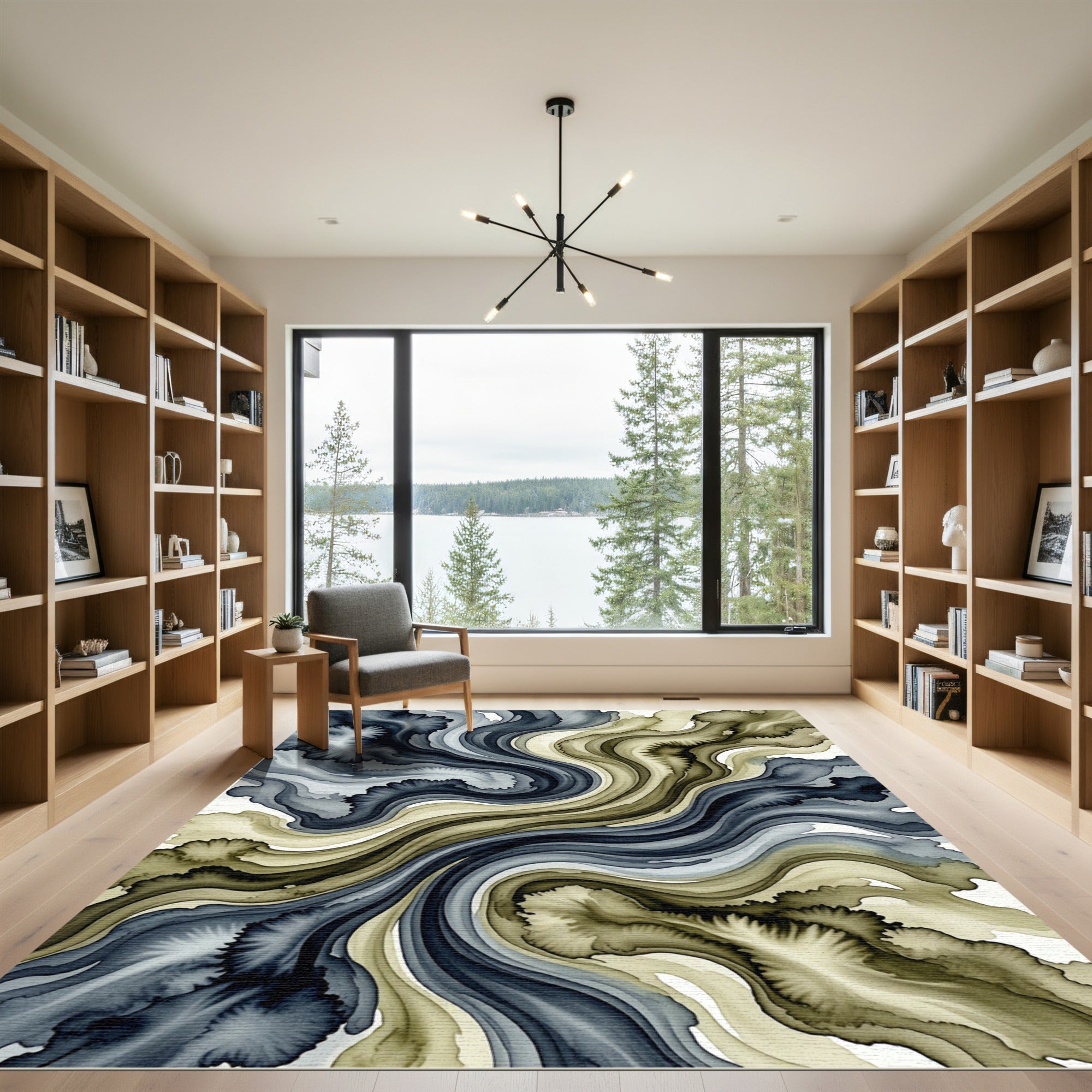 Flowing Slate Blue and Sandy Beige Wave Rug