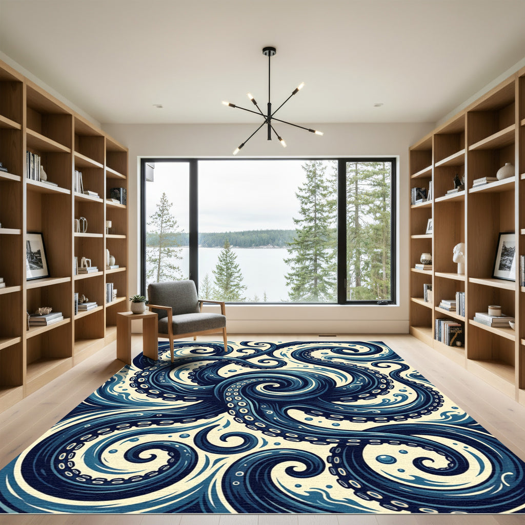 Deep Blue Oceanic Octopus Tentacle Swirl Rug