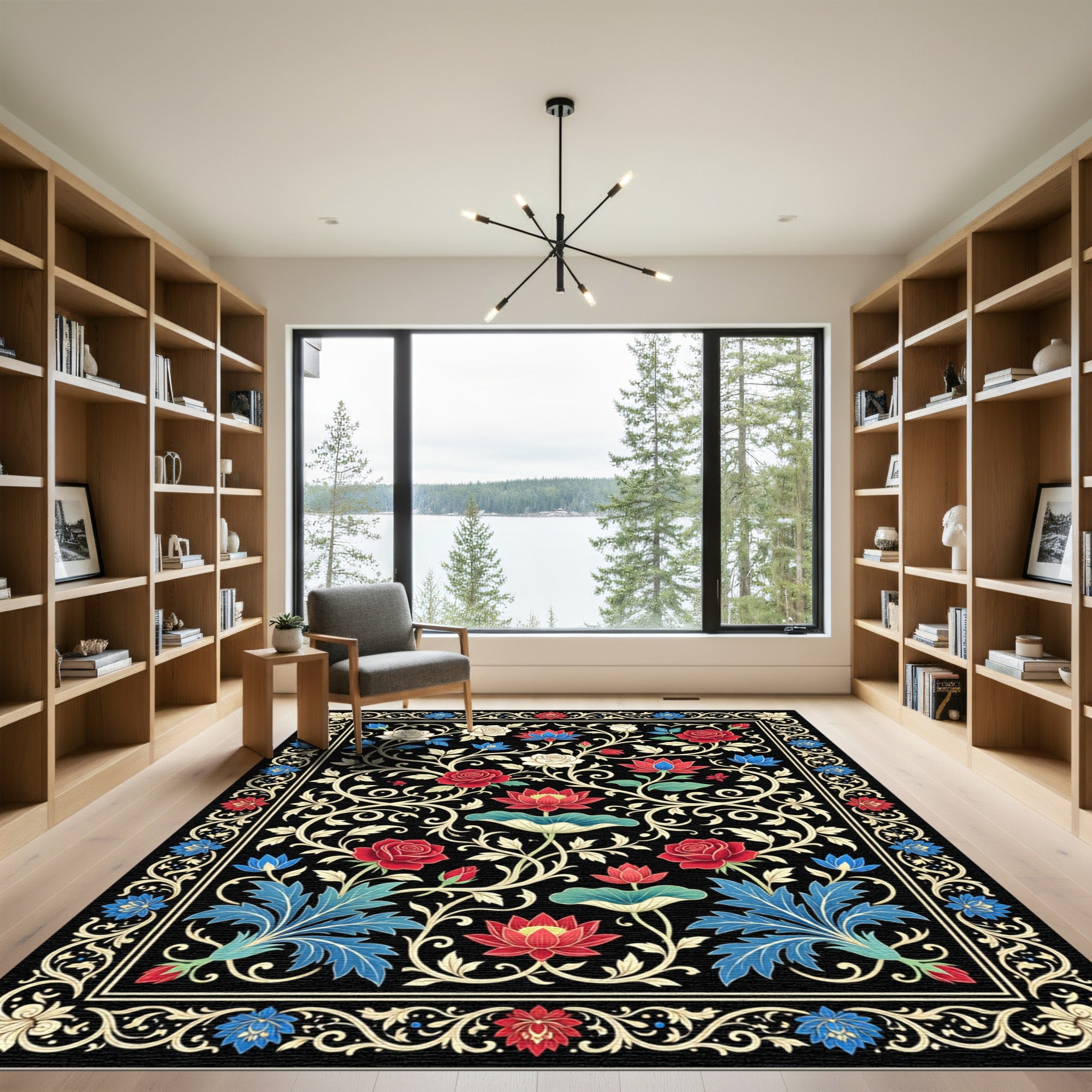 Midnight Floral Lotus and Rose Art Rug