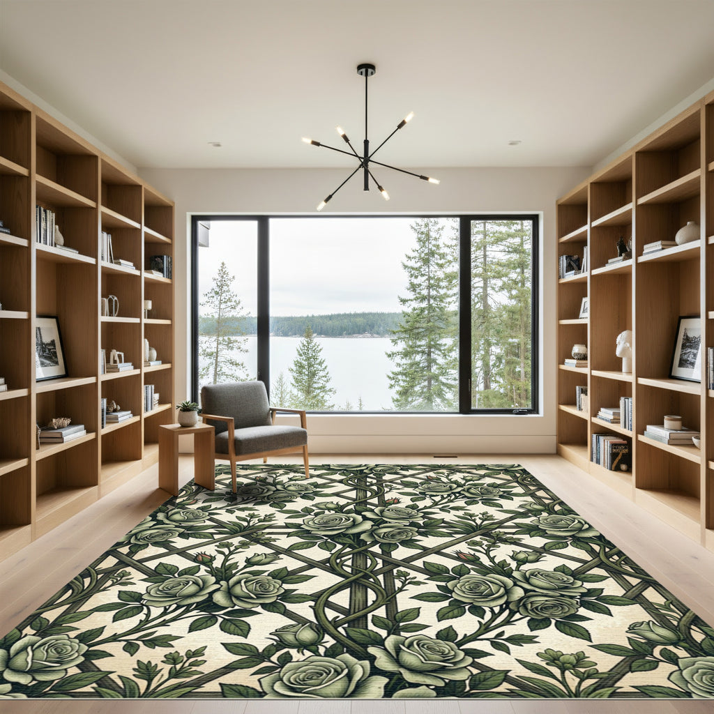 Sage Green Rose Lattice Floral Trellis Rug