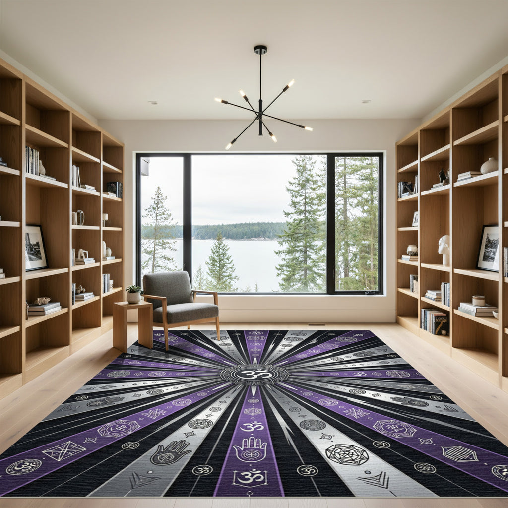 Radiating Om Purple Geometric Rays Rug