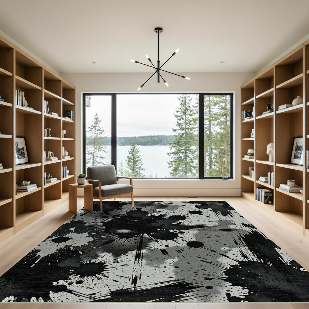 Monochrome Abstract Ink Splatter Art Rug