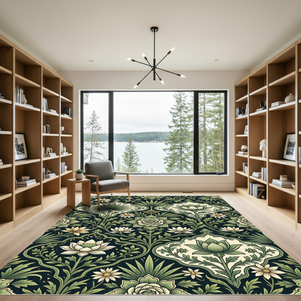 Emerald Botanical Lotus Damask Floral Rug