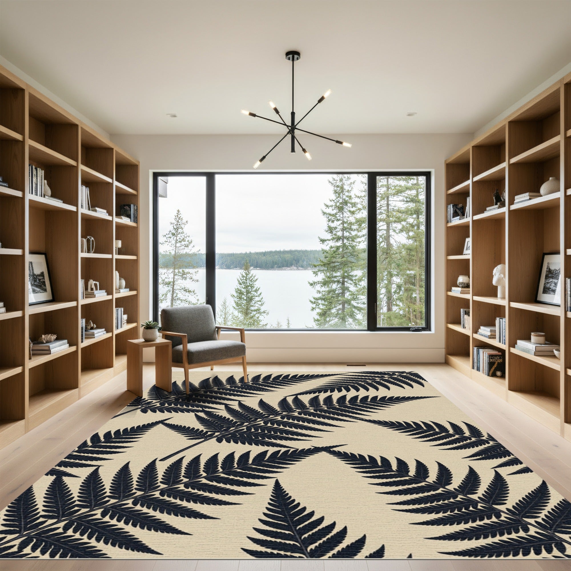 Minimalist Black Fern Botanical Art Rug