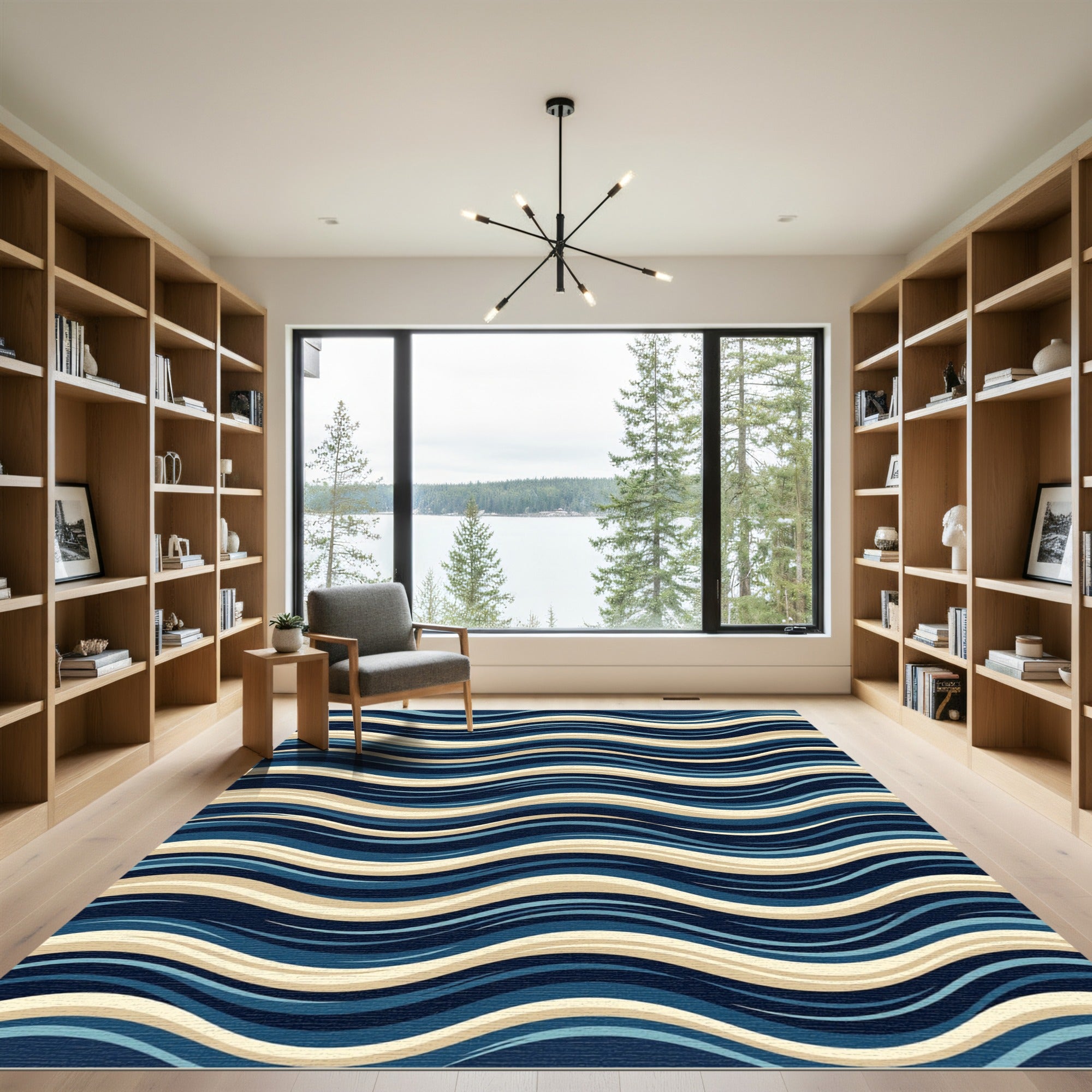 Navy Blue Cream Wavy Stripe Rug