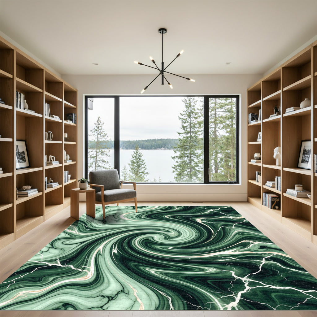 Deep Green Swirl Marble Effect Rug