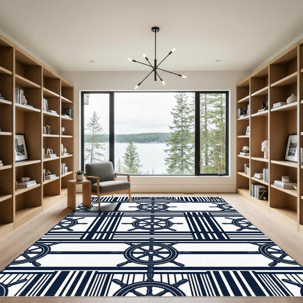 Navy Nautical Ship Wheel Striped Art Rug