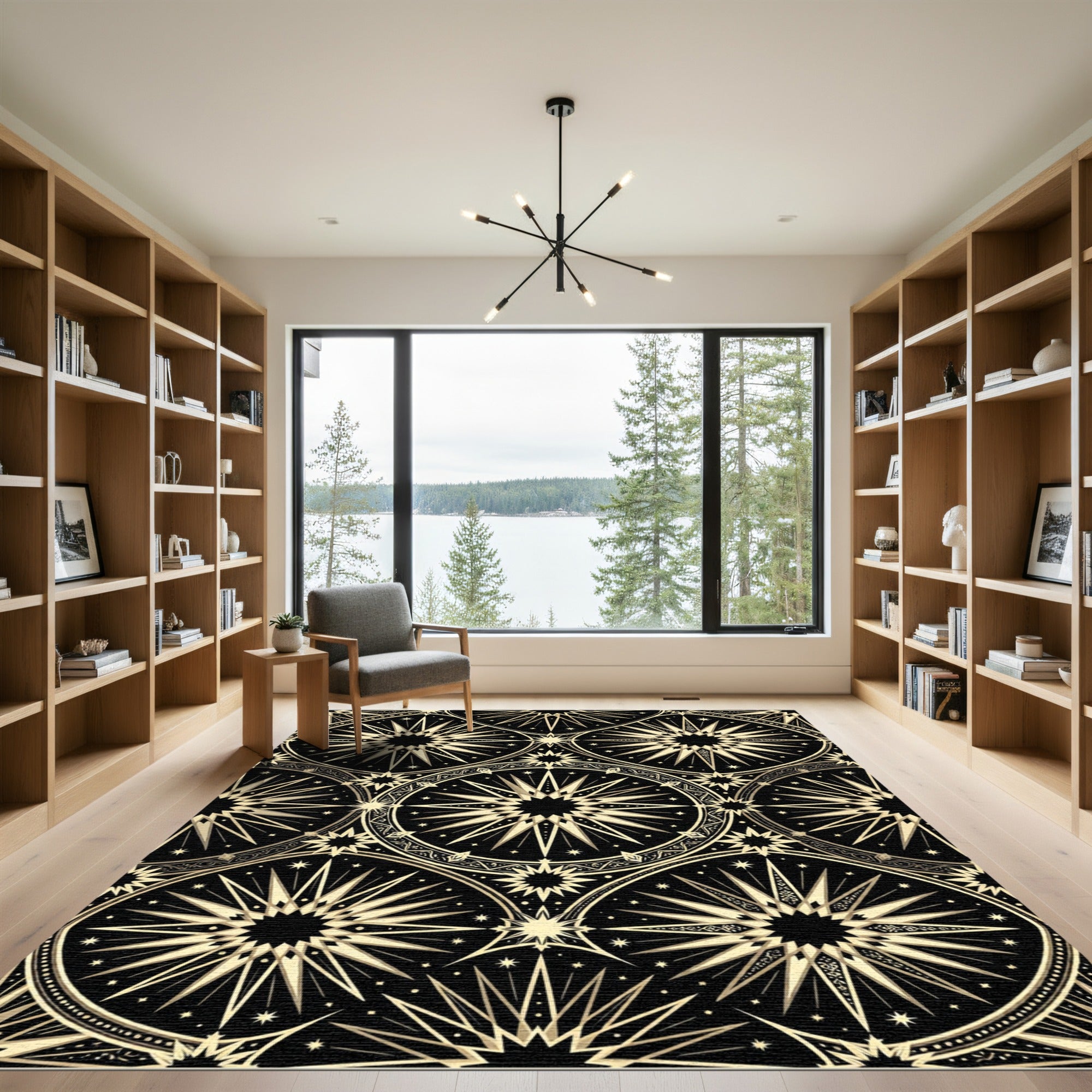 Celestial Gold Starry Geometric Black Rug
