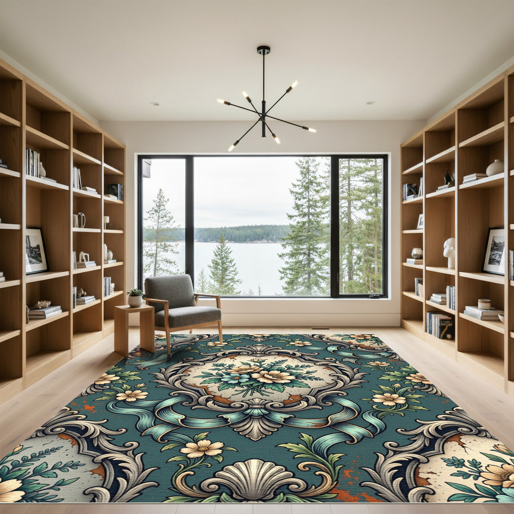 Elegant Teal Vintage Floral Damask Rug