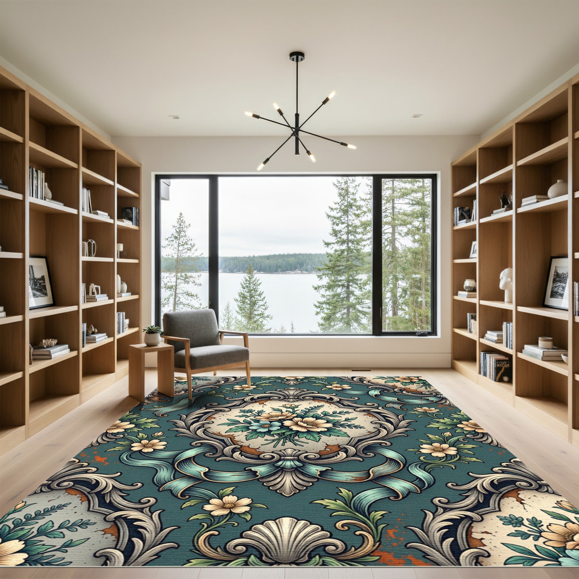 Elegant Teal Vintage Floral Damask Rug