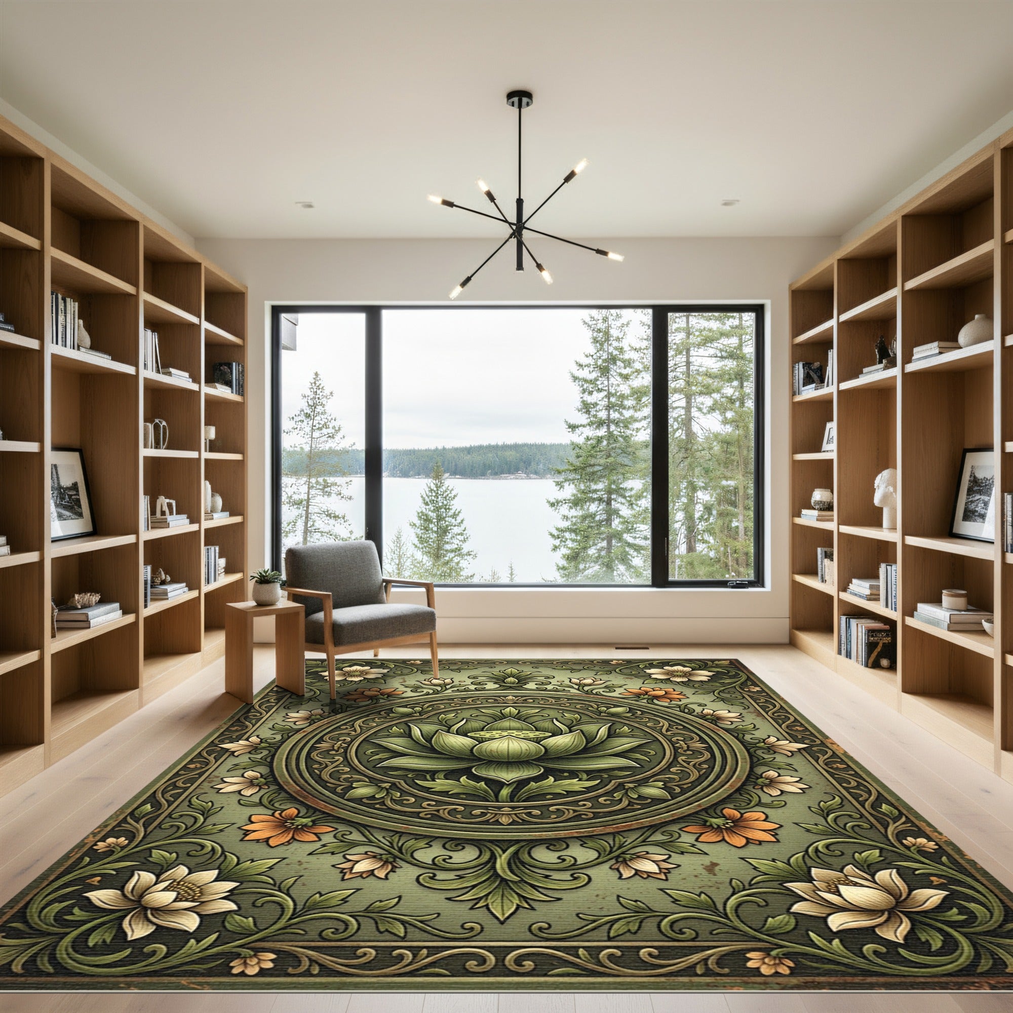 Sage Green Ornate Lotus Medallion Rug