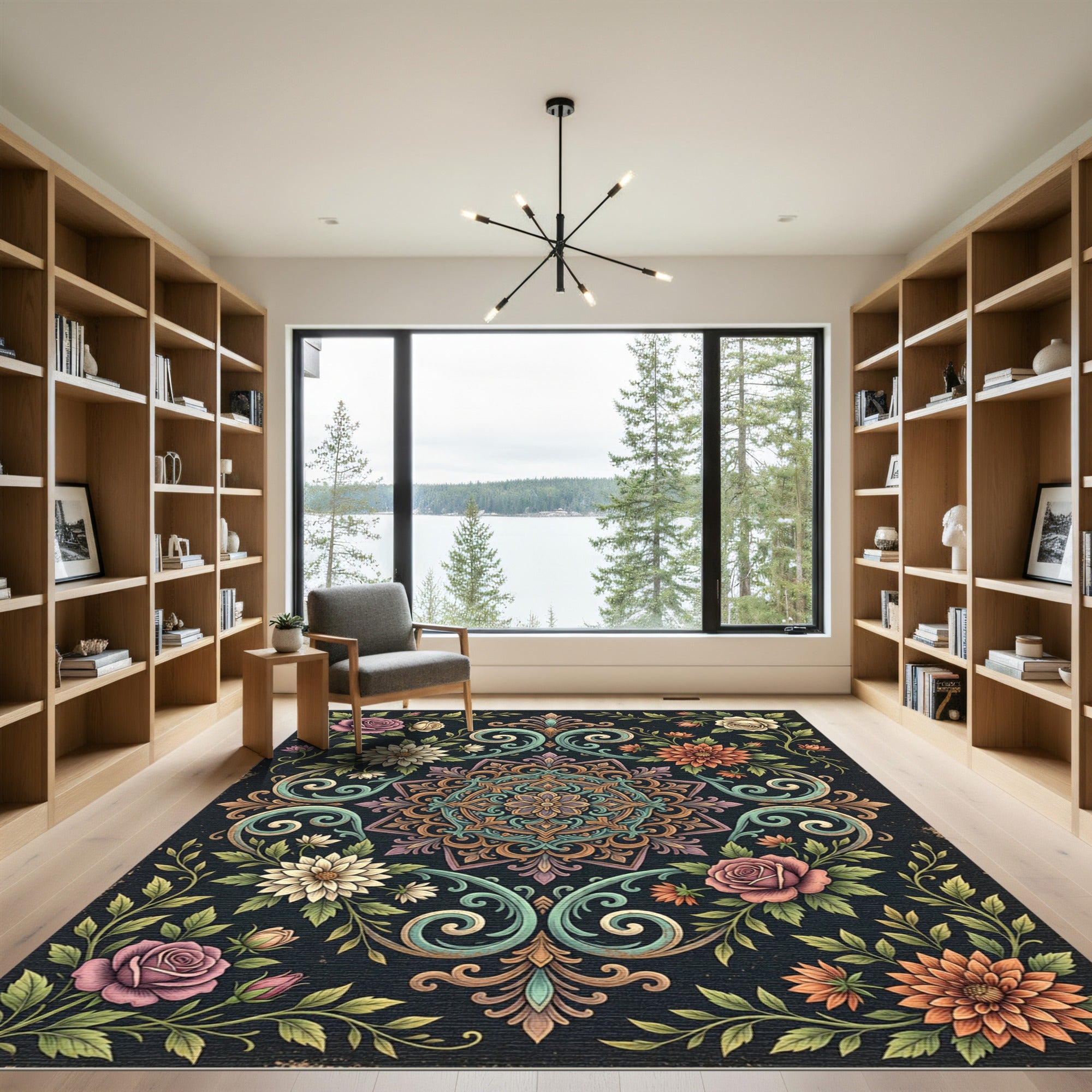 Floral Scroll Medallion Dark Garden Rug