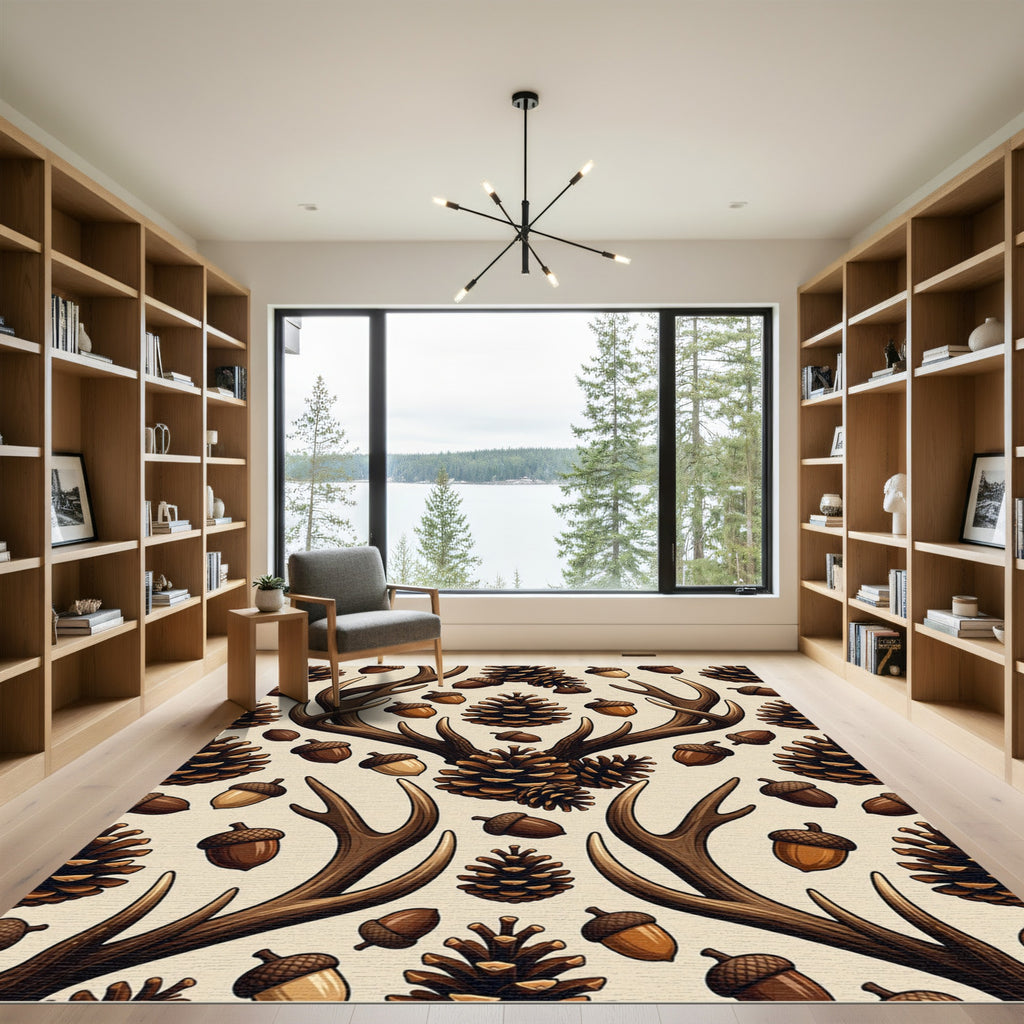 Rustic Antler Pinecone Earth Tone Forest Rug