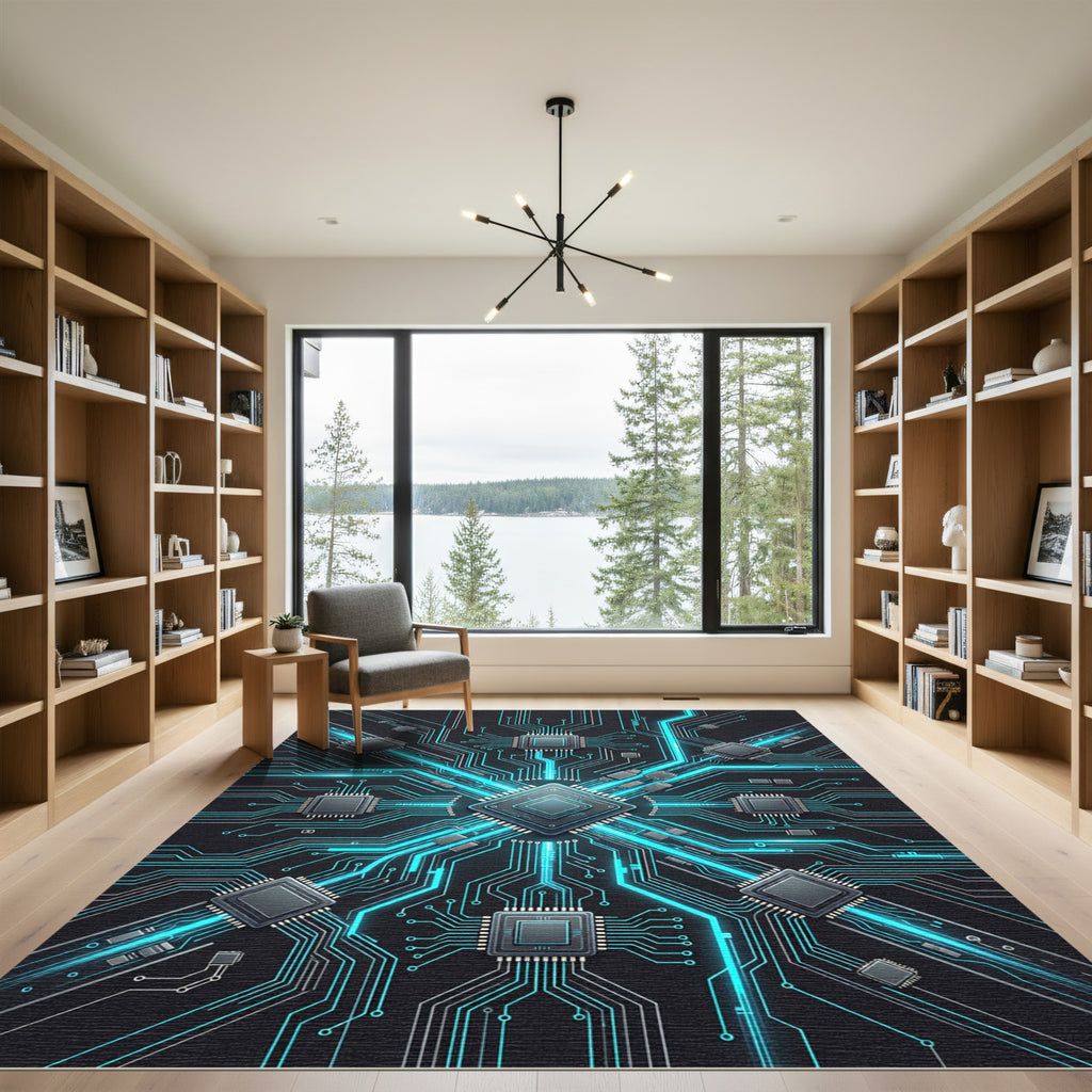 Neon Cybernetic Circuitry Geometric Grid Rug