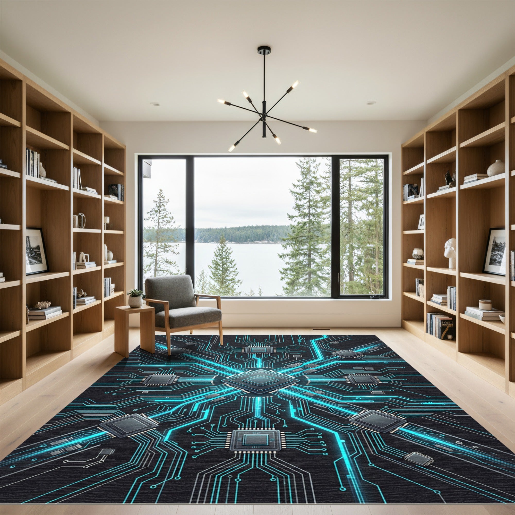 Neon Cybernetic Circuitry Geometric Grid Rug