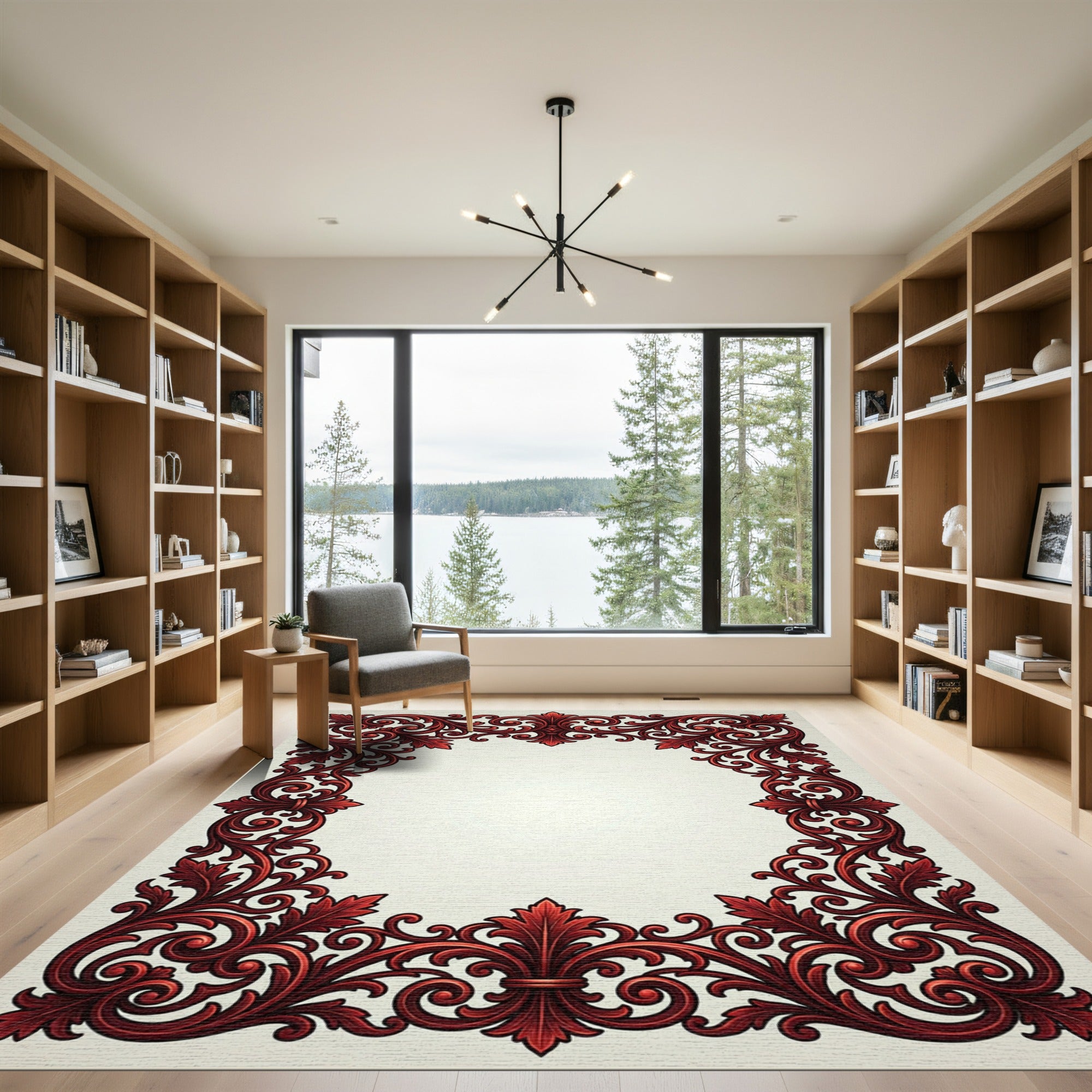 Ornate Crimson Baroque Scroll Border Rug