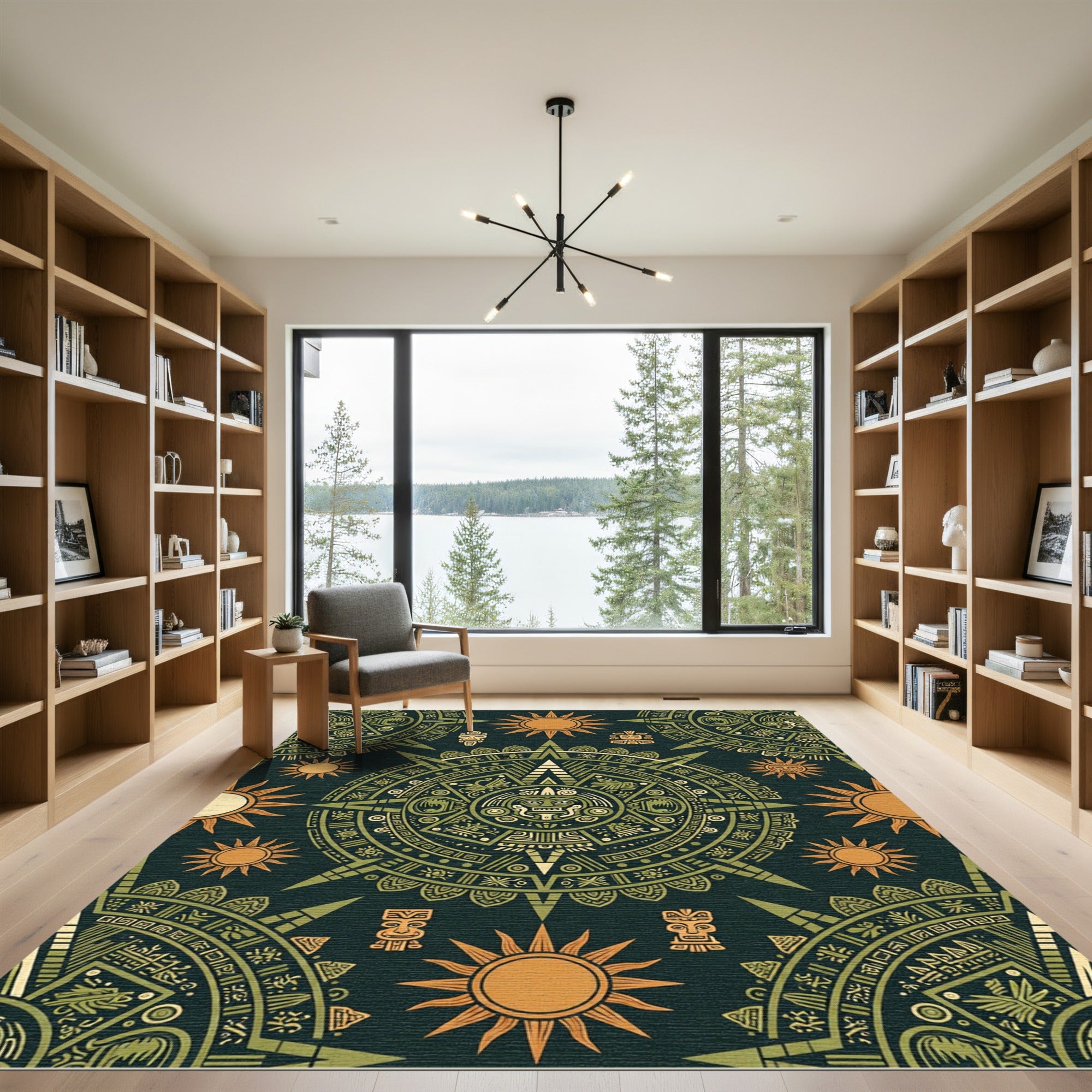 Aztec Sun Medallion Olive Gold Art Rug